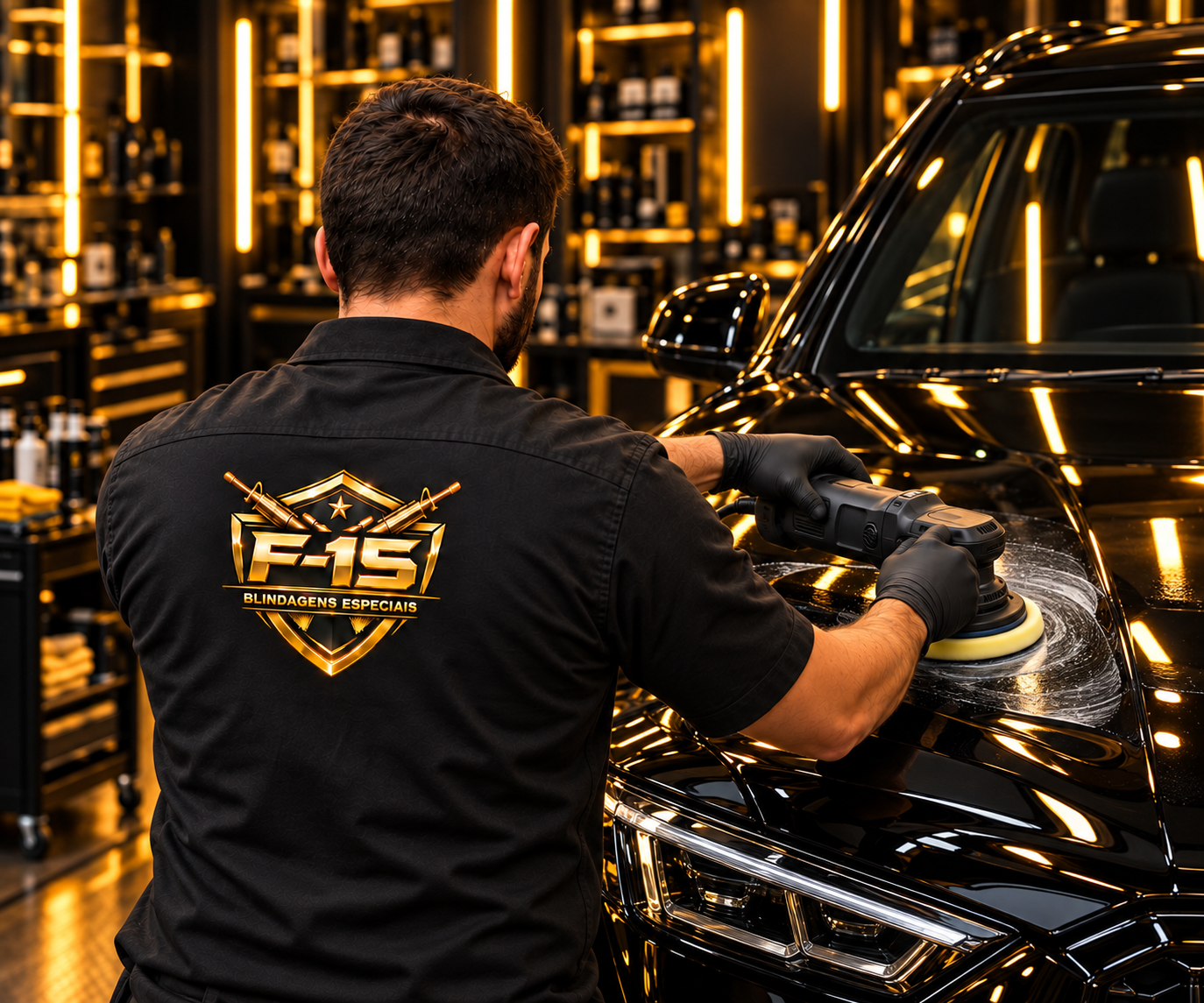 Profissional da F15 polindo a pintura de um veículo preto